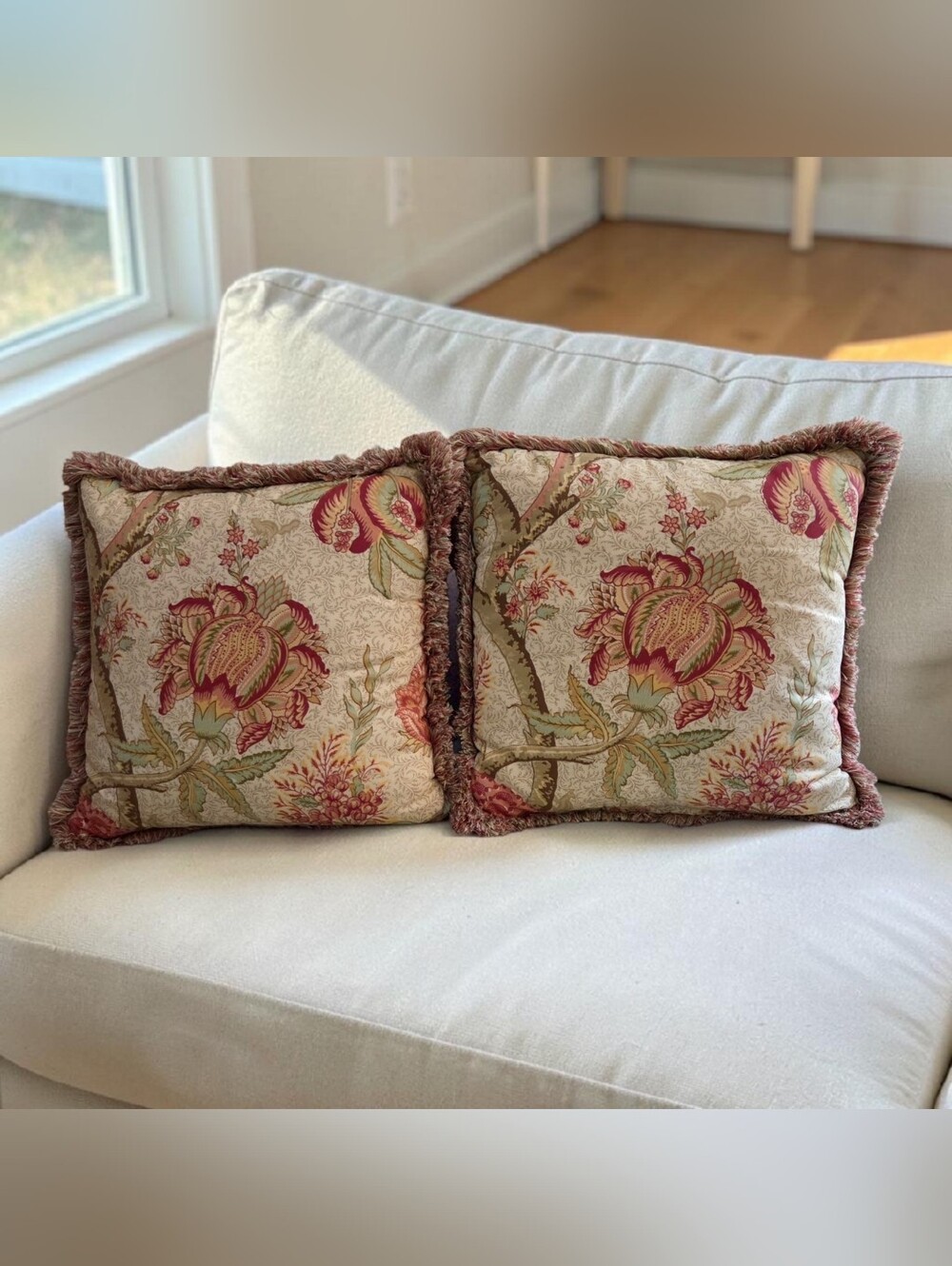 Set of 2 Rose Tree Jacobean Fringed Throw Accent Pillows Decorative